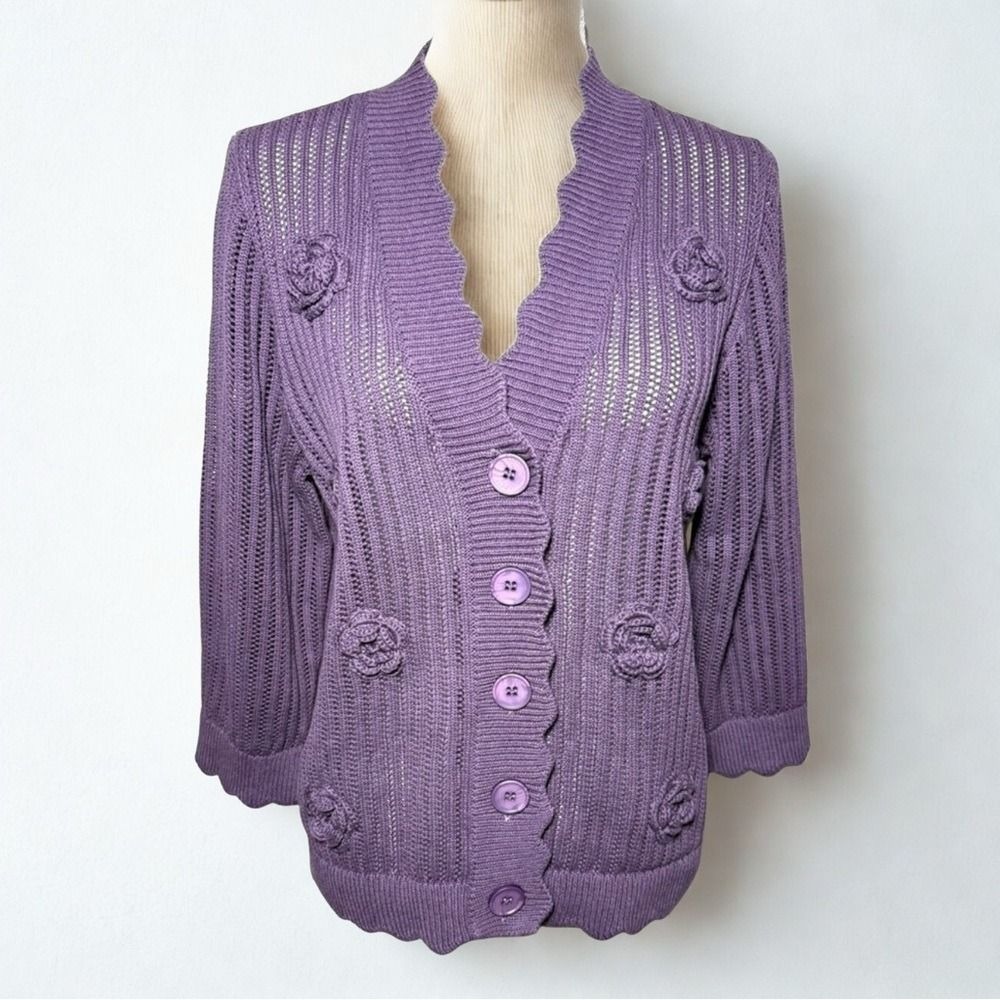 NWOT Indigo Thread Co.  Purple Rose Cardigan Women Size Medium 100% Cotton‎